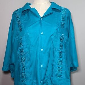 Omega Turquoise Button-Up Hawaiian With Embroidery Shirt Size 3X